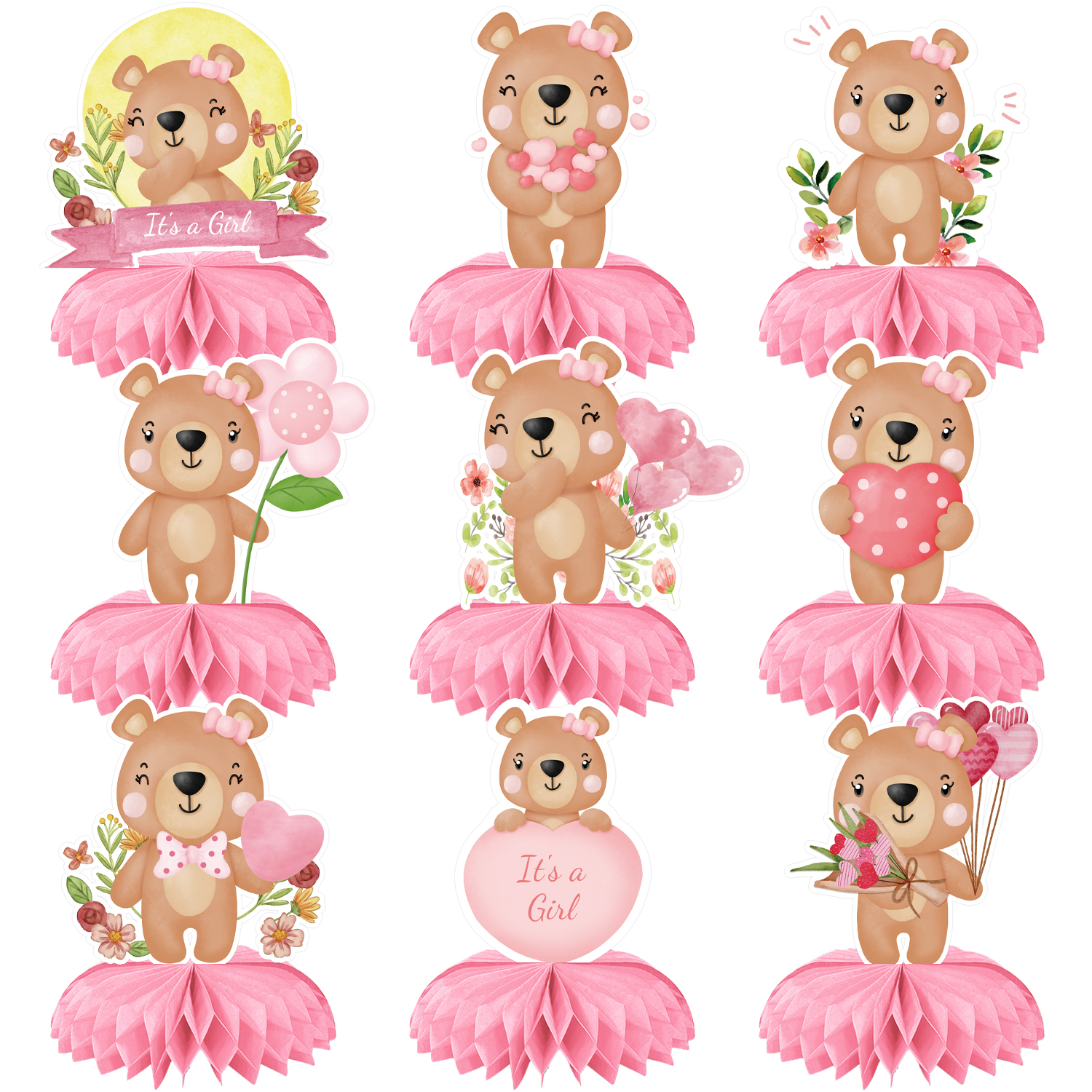 3D Printing Table - 9Pcs Pink Bear 3D Honeycomb Centerpiece